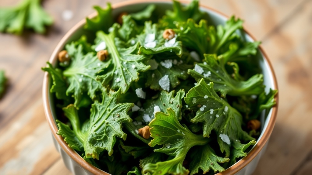 Crispy Baked Kale Chips Recipe A bowl of crispy kale chips, seasoned and ready to enjoy, on a rustic wooden table.